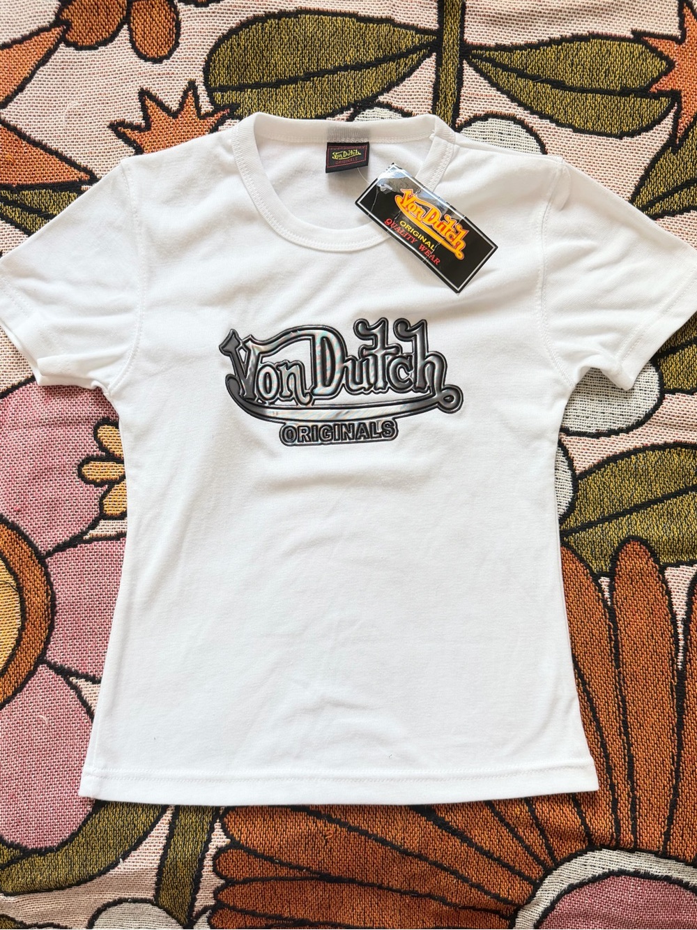 Deadstock Y2K Von Dutch Baby Tee Hologrphic Puff Print Size Small